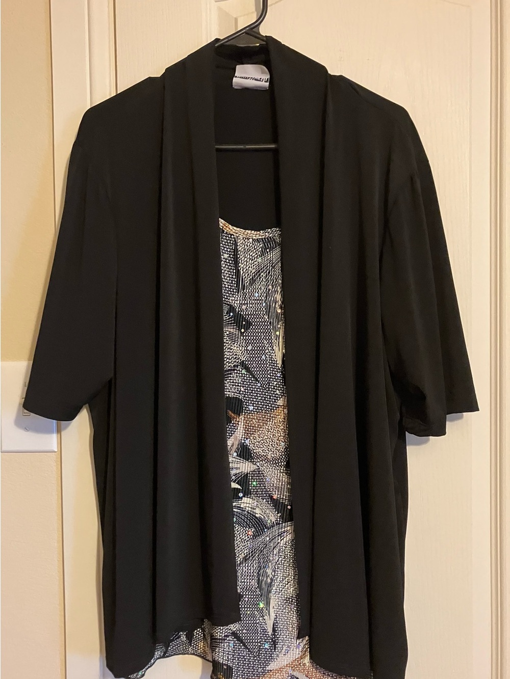 Bon Worth Black Layered Open-Front Tunic with Patterned Shell